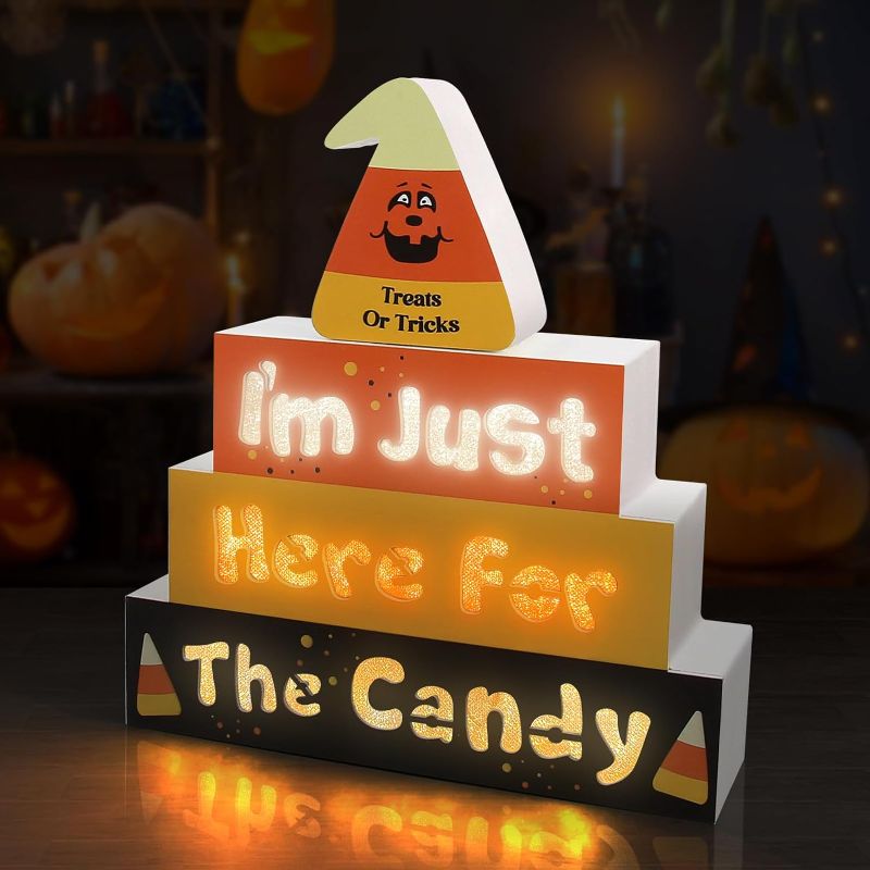 Photo 1 of      SURCVIO [Light up] Halloween Wooden Block Sign Decor Table Mantle Wood Signs with Led Lights Halloween Decorations for Indoor Home Farmhouse Tabletop Tiered Tray Decor