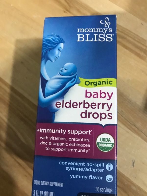 Photo 2 of best by 10/2024***Mommy's Bliss Organic Baby Elderberry Drops, Immune Support with Vitamins, Prebiotics, Zinc & Organic Echinacea, Age 4 Months +, 3 Fl Oz (36 Servings)