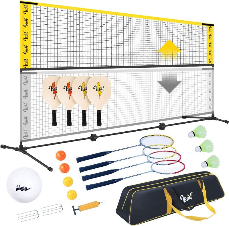 Photo 1 of 10FT Portable All-in-One Badminton, Pickleball and Kids' Volleyball Net Set Half Court (10ft Wide x 7ft max Height) Small Outdoor Sports Set with Adjustable Net for Backyards Beach Driveway Game
