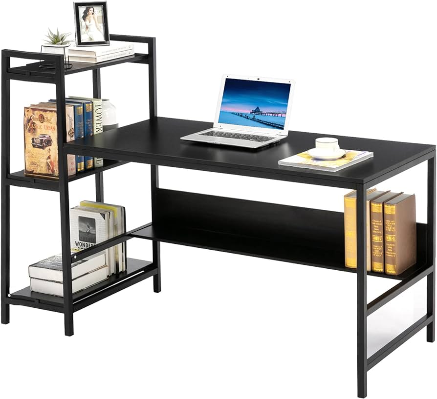 Photo 1 of 59 Inch Computer Desk with Shelves, Home Office Desk with 3 Tier Storage Shelves Studying Writing Desk Workstation, Modern Simple Style Laptop Table for Bedroom Small Spaces