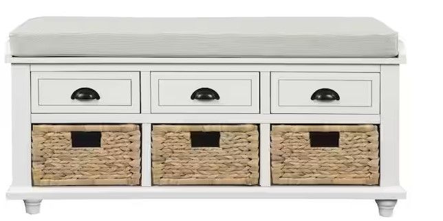 Photo 1 of 42.1 in. L x 15.4 in. W x 18.7 in. H Rustic White Storage Bench with 3-Drawers and 3-Rattan Baskets
