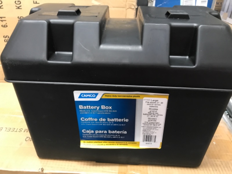 Photo 2 of Camco Large Battery Box with Straps and Hardware - Group 27, 30, 31 |Safely Stores RV, Automotive, and Marine Batteries | Measures Inside 7-1/4" x 13-1/4" x 8-5/8" | (55373) Frustration Free Packaging Large Battery Box