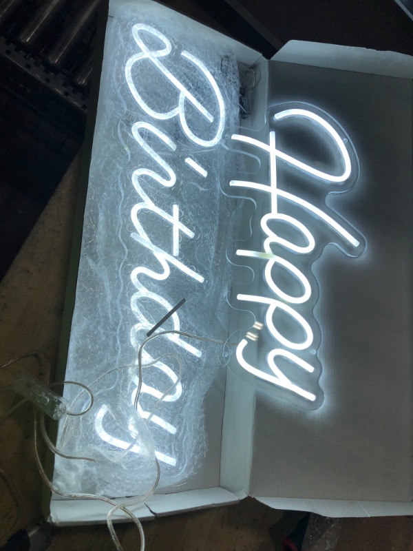 Photo 2 of Large Happy Birthday Neon Sign, Dimmable Happy Birthday Signs for Wall Decor Happy Birthday Light up Sign for All Birthday Party Decoration and Celebration Occasions, Cold White