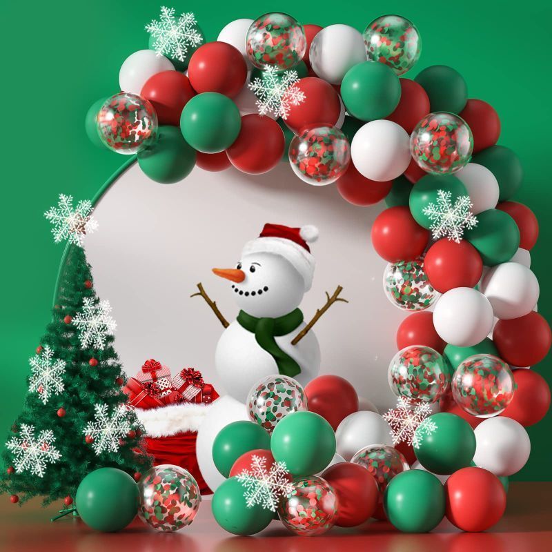 Photo 1 of Honinda Merry Christmas Balloons Arch Garland Kit, 110 Pieces Christmas Red White Green Confetti Balloons with Hanging Snowflakes for Christmas Balloons Party Decorations Supplies