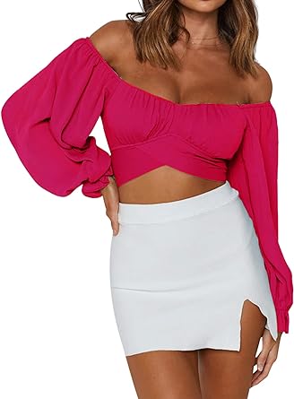 Photo 1 of LARGE  Women's Cute Off Shoulder Long Sleeve Self Tie Knot Crop Tube Top Blouse
