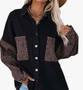 Photo 1 of Happy Sailed Womens Leopard Contrast Denim Jackets Oversized Long Sleeve Button Down Jean Shacket Jacket.  LARGE