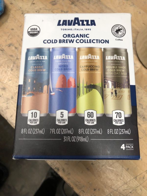 Photo 2 of EXP DATE: 09/25/2023
-Lavazza Organic Cold Brew Coffee Variety Pack,(Pack of 4 Cans) Balanced, Complex, Smooth, Fruity, Sweet, Creamy, Medium, Dark Roast, 100% Arabica, USD