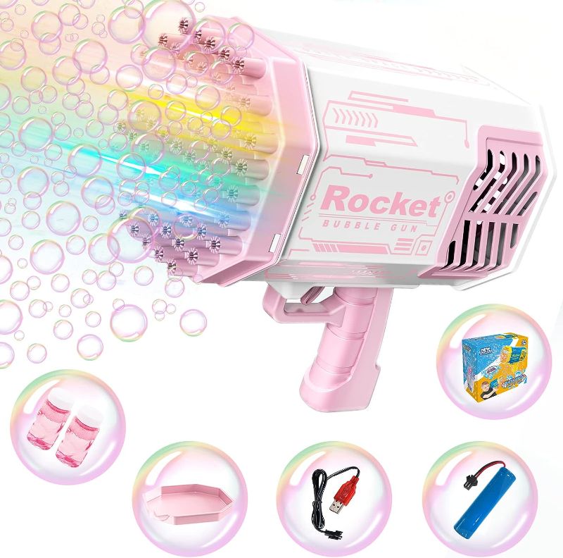 Photo 1 of ***COLOR VARIES**
Bubble Gun - 69 Holes Bazooka Bubble Machine Gun with Colorful Lights & Bubble Solution for Kids Adult Automatic Bubble Maker Gun for Indoor Outdoor Playing Activity Birthday Party Wedding (Pink)
