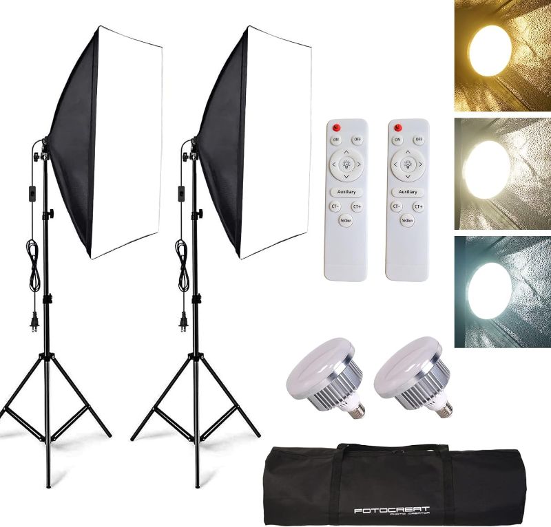 Photo 1 of FOTOCREAT Softbox Photography Lighting Kit,19.7"X27.5" Professional Continuous Lighting System with 200W E27 Socket LED Bulbs and Remote,for Portrait Product Photo Studio Photography
