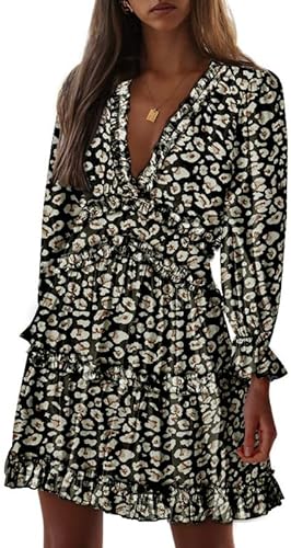 Photo 1 of Dokotoo Womens 2023 Spring Summer Deep V Neck Ruffle Long Sleeve Floral Print Mini Dress
