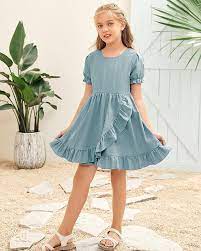 Photo 1 of  Coutgo Girls Cotton Linen Dress Ruffle Dresses A-Line Sundress 11-12 Years
