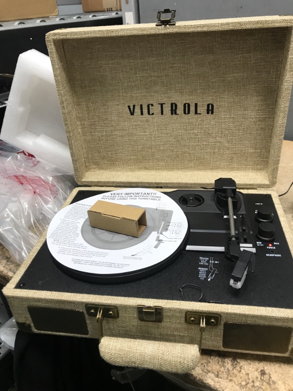 Photo 3 of Victrola Journey+ Signature Turntable Record Player - 33-1/3, 45 & 78 RPM Suitcase Vinyl Record Player, Bluetooth Connectivity & Built-in Speakers, Stereo RCA Output, Linen Finish, Cream