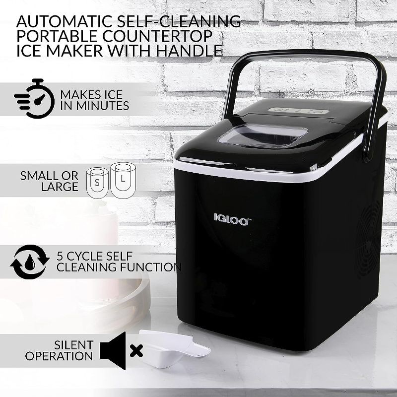 Photo 1 of Igloo Premium Self-Cleaning Countertop Ice Maker Machine, Handled Portable Ice Maker, Produces 26 lbs. in 24 hrs. with Ice Cubes Ready in 6-8 minutes, Comes with Ice Scoop and Basket