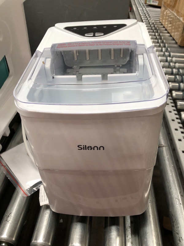 Photo 1 of Silonn Countertop Ice Maker, 9 Cubes Ready in 6 Mins, 26lbs in 24Hrs, Self-Cleaning Ice Machine with Ice Scoop and Basket, 2 Sizes of Bullet Ice for Home Kitchen Office Bar Party, White
