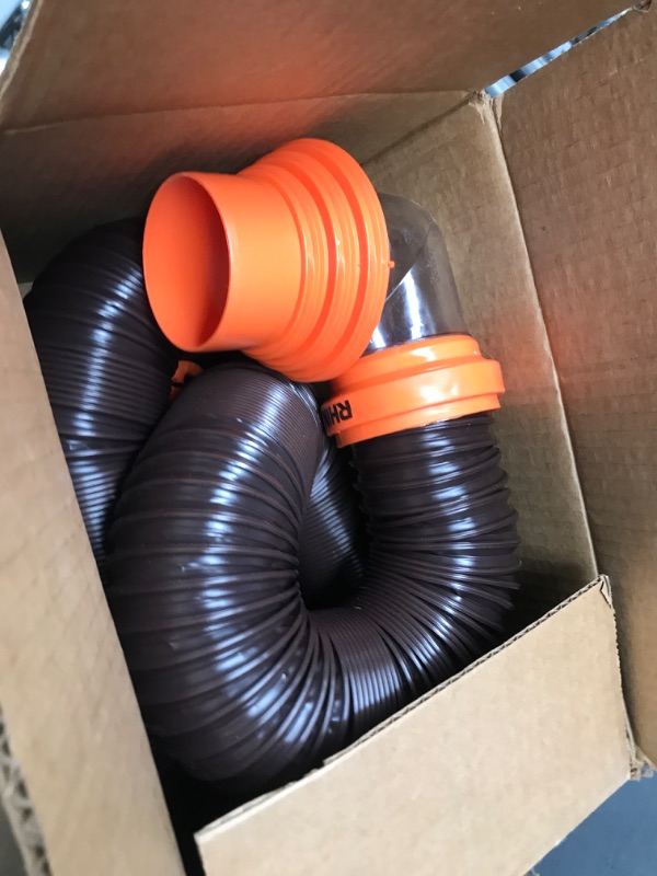 Photo 2 of Camco RhinoFLEX RV Sewer Hose Kit with Swivel Transparent Elbow and 4-in-1 Dump Station Fitting, Brown, 15 Feet (39770) 15ft Sewer Hose Kit Frustration-Free Packaging