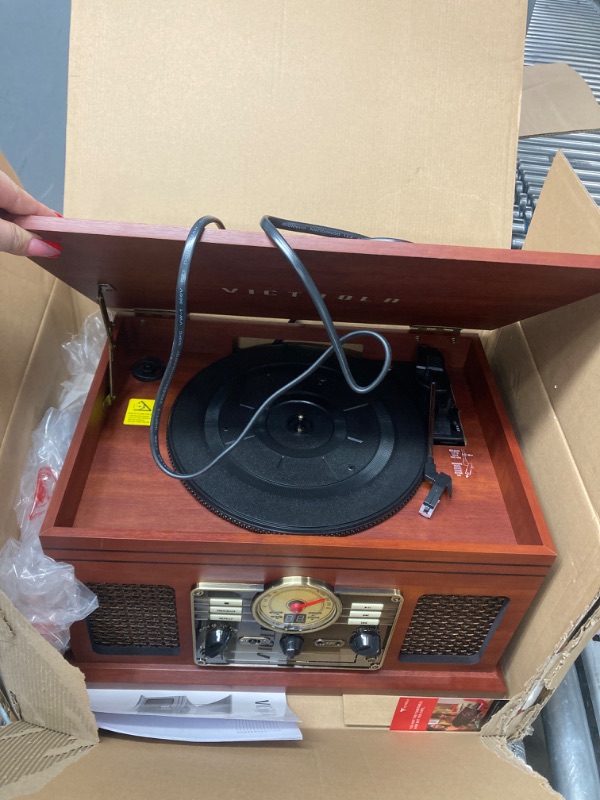 Photo 2 of Victrola Nostalgic 6-in-1 Bluetooth Record Player & Multimedia Center with Built-in Speakers - 3-Speed Turntable, CD & Cassette Player, FM Radio | Wireless Music Streaming | Mahogany Mahogany Entertainment Center