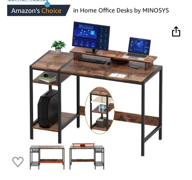 Photo 1 of MINOSYS Gaming/Computer Desk - 47” Home Office Small Desk with Monitor Stand, Rustic Writing Desk for 2 Monitors, Adjustable Storage Space, Modern Design Corner Table.