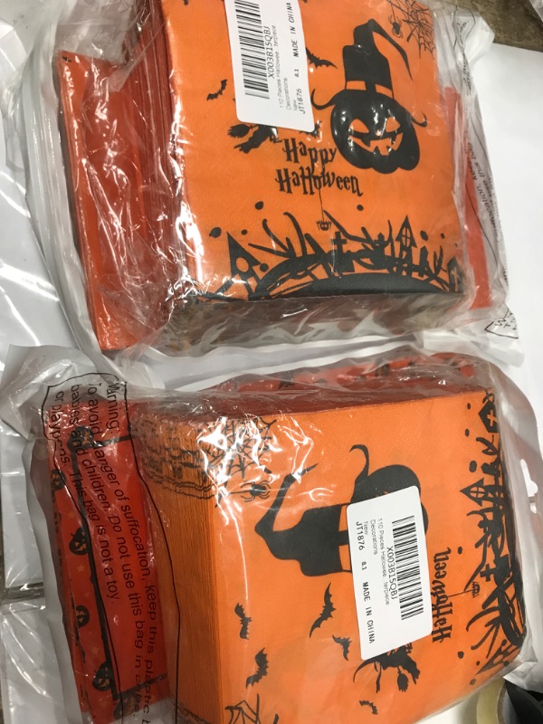 Photo 2 of 110 Pieces Halloween Cocktail Beverage Napkins Disposable Black and Orange Spooky Paper Silverware Cutlery Holders Haunted Party Serving Favors Supplies Dinner Table Centerpiece Decorations 2pk 