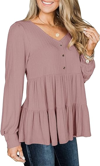 Photo 1 of Modershe Womens Long Sleeve Tunic Babydoll Knit Tops Peplum Ruffle Hem Blouse Loose Casual Shirt Flowy Swing Shift F-violet medium