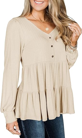 Photo 1 of Modershe Womens Long Sleeve Tunic Babydoll Knit Tops Peplum Ruffle Hem Blouse Loose Casual Shirt Flowy Swing Shift apricot med
