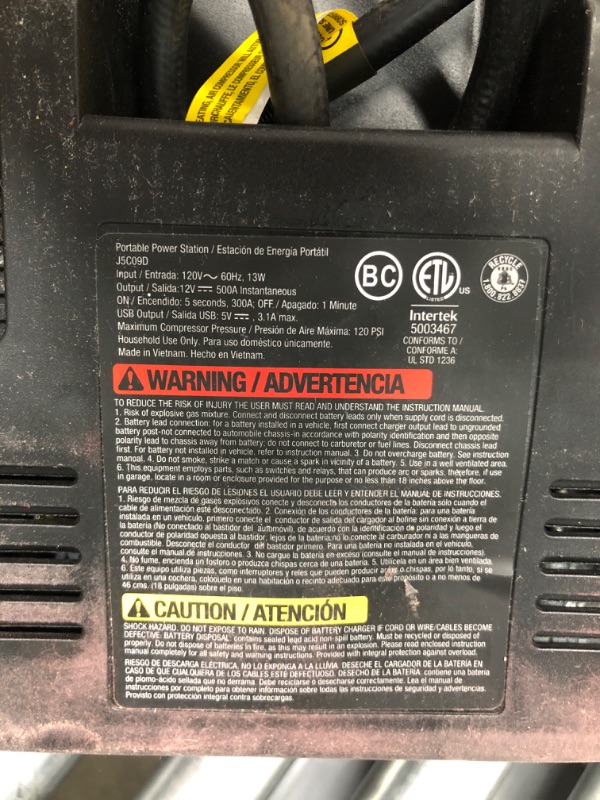 Photo 2 of STANLEY J5C09D Digital Portable Power Station Jump Starter: 1200 Peak/600 Instant Amps, 120 PSI Air Compressor, 3.1A USB Ports, Battery Clamps 1,200 Peak Amps