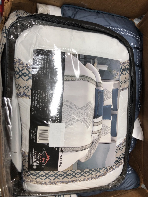 Photo 2 of Sapphire Home Luxury 8 Piece Full/Queen Comforter Set with Shams and Cushions, Classy White Gray Navy Unique Pattern, Bed Cover Bed in a Bag, (21862, Queen)