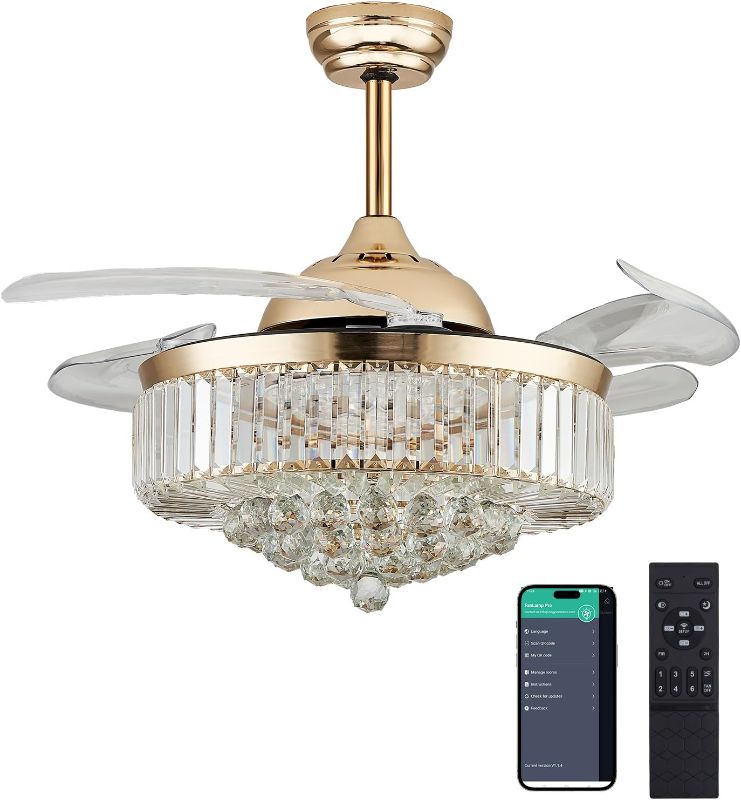 Photo 1 of ***see notes***DuMaiWay 36" Dimmable Crystal Ceiling Fan with Light, Fandelier,Chandelier Fan with 4 Retractable Blades LED Remote APP Control for Living Room, Bedroom, Dining Room 6 Speed