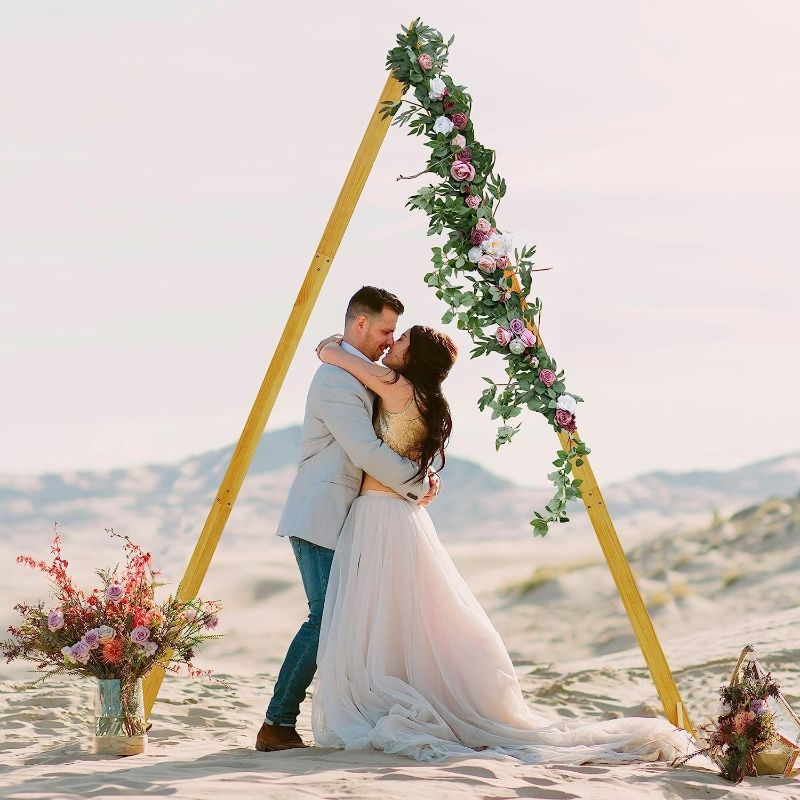 Photo 1 of 10FT Triangular Wooden Wedding Arch Rustic Arbor Wedding Decorations Indoor Wedding Arch for Ceremony Balloon Arch Stand Garden Arch Backdrop Party Stand for Outdoor
