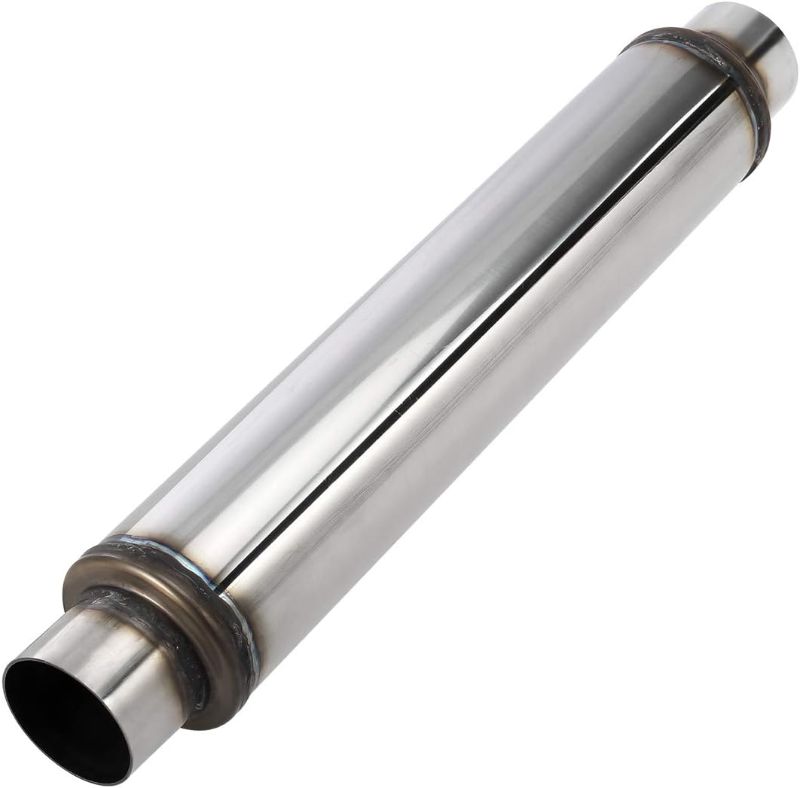Photo 1 of Upower 2.5 Inch Inlet Exhaust Muffler 2 1/2" Resonator Muffler 3.5" Round 18" Body Length 22" Overall Length Stainless Moderate Sound Universal Exhaust Muffler Resonator