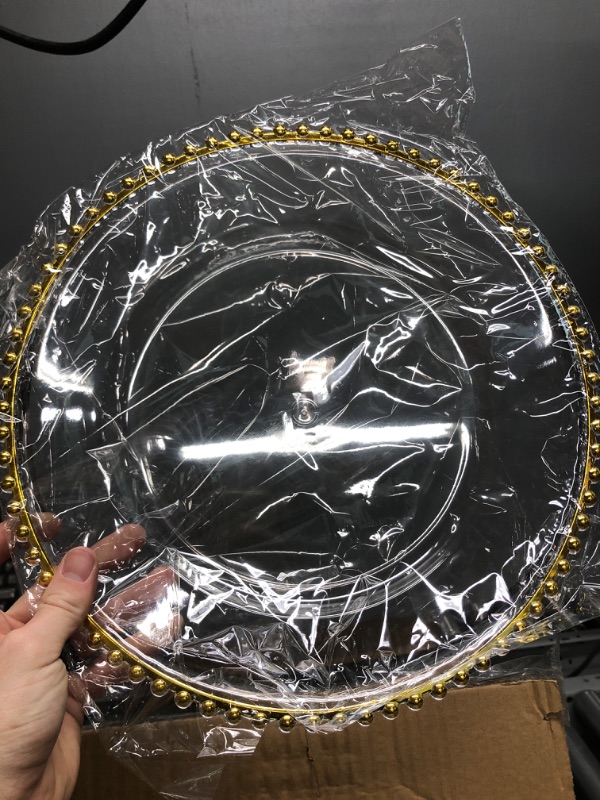 Photo 2 of 24 Pack 13 Inch Clear Charger Plates Bulk Round Beaded Chargers Plates Plastic Decorative Charger Plates with Gold Beaded Rim for Kitchen Wedding Events Dinner Party Tabletop Home Decor