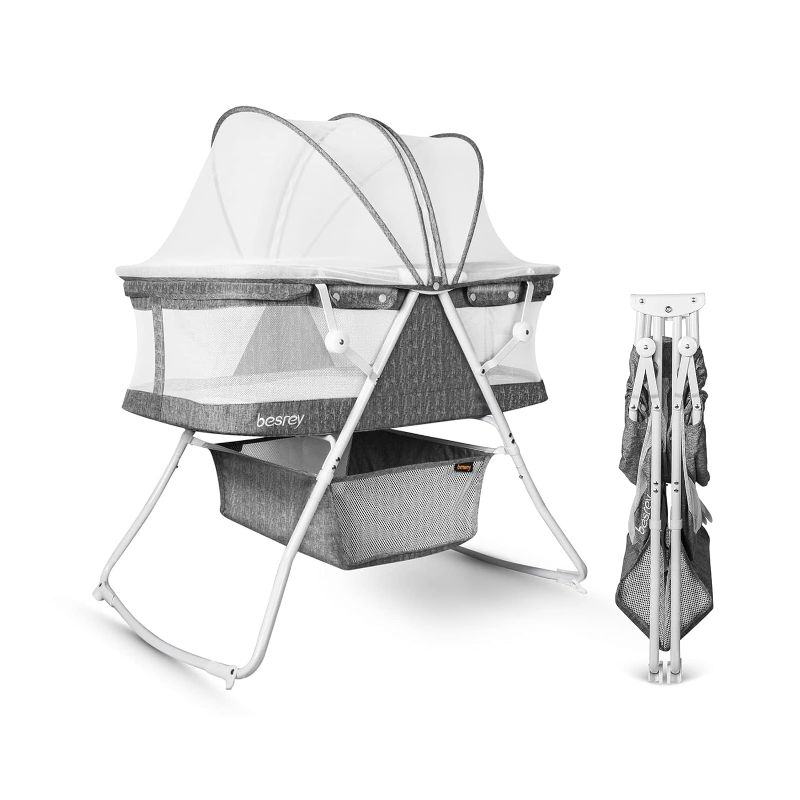 Photo 1 of besrey Bassinet for Baby, 3 in 1 Portable Baby Bassinets, Rocking Cradle Bed, Easy Folding Bedside Sleeper Crib, Quick-Fold for Newborn Infant, up to 33 lb Compact Storage, Mattress and Net Included