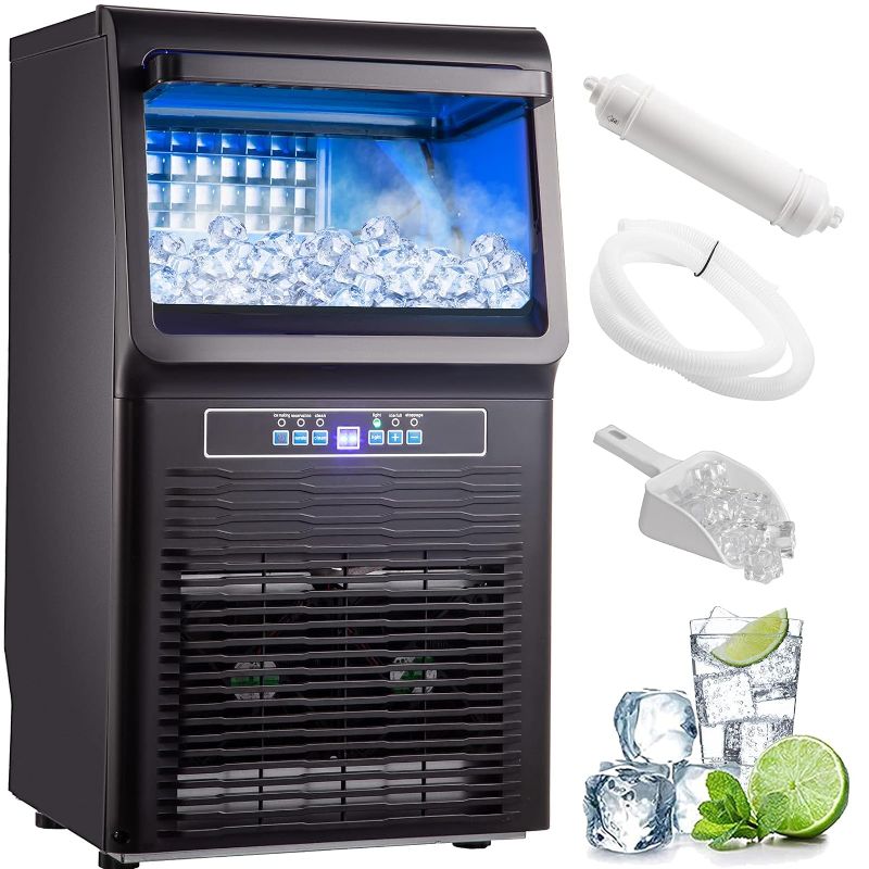 Photo 1 of VEVOR 110V Countertop Ice Maker 70LB/24H, 350W Automatic Portable Ice Machine with 11LB Storage, 36Pcs per Tray, Auto Operation, Blue Light, Include Water Filter, Drain Pipe, Scoop
