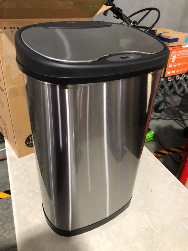 Photo 2 of ***MOTION SENSING FUNCTION DOESN'T WORK***
Ninestars DZT-50-13 Automatic Touchless Motion Sensor Oval Trash Can with Black Top, 13 gallon/50 L, Stainless Steel