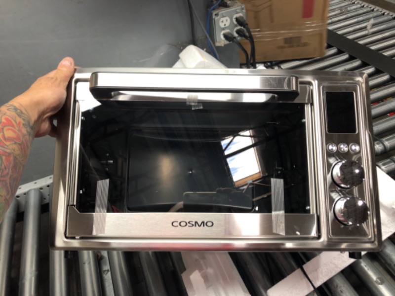 Photo 1 of Cosmo Air Fryer Toaster Oven COS-317AFOSS 32 Quart Compact Electric with LED Display, Air Fry Basket, Rotisserie Fork, 1800W in Stainless Steel
