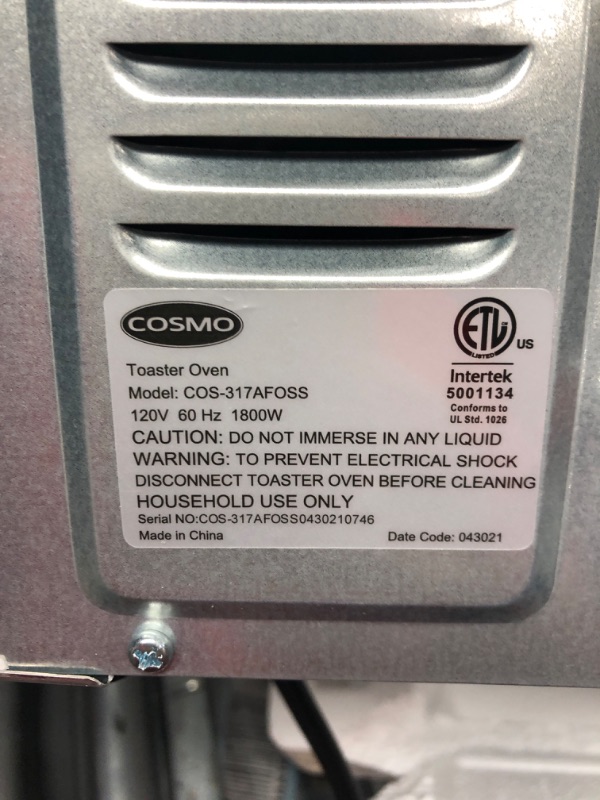 Photo 3 of Cosmo Air Fryer Toaster Oven COS-317AFOSS 32 Quart Compact Electric with LED Display, Air Fry Basket, Rotisserie Fork, 1800W in Stainless Steel
