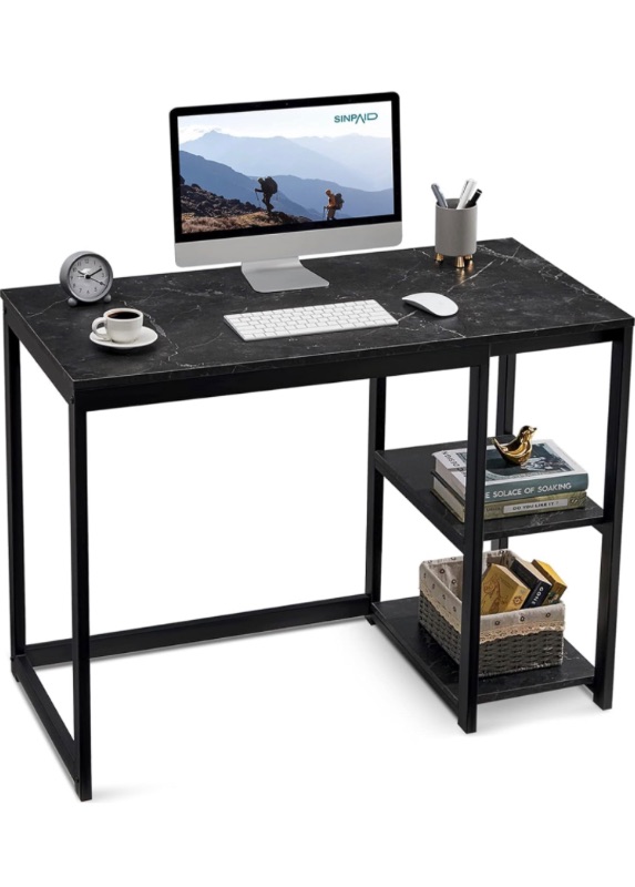 Photo 1 of SINPAID Computer Desk 40 inches with 2-Tier Shelves Sturdy Home Office Desk with Large Storage Space Modern Gaming Desk Study Writing Laptop Table, Black Marbling (Black Marbling, 40)