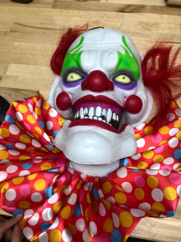 Photo 2 of 20 in. Hanging Talking Clown Head, Halloween Decoration for Indoor or Covered Outdoor Display, Battery-Operated, Red
