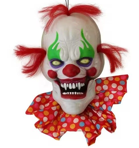 Photo 1 of 20 in. Hanging Talking Clown Head, Halloween Decoration for Indoor or Covered Outdoor Display, Battery-Operated, Red
