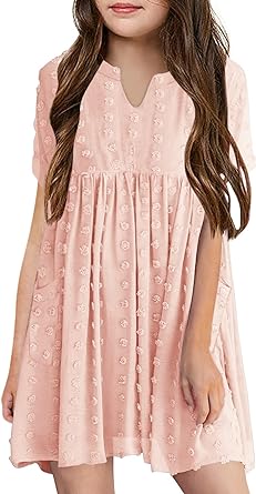 Photo 1 of Girls V-Neck Flowy Chiffon Dress Kids Swiss Dot Casual Babydoll Party Swing Mini Dress 5-14 Years