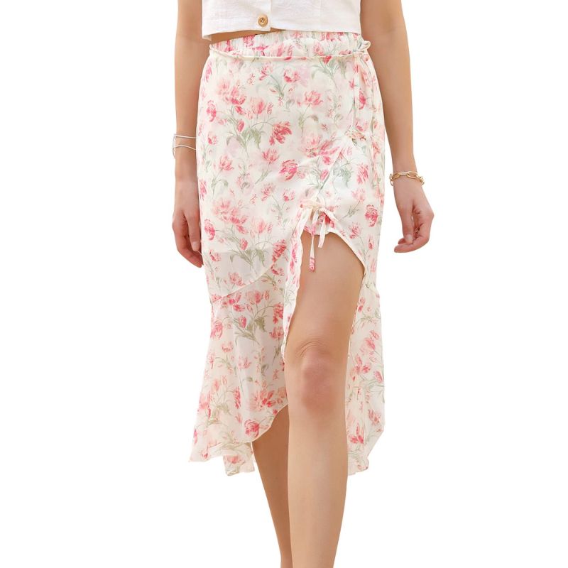 Photo 1 of  Womens Floral Slit Ruffle Hem Skirts Flowy Tie Wrap Summer Midi Skirt White Large 