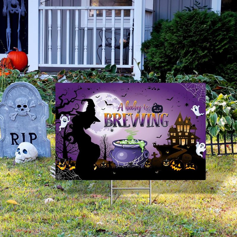 Photo 1 of * 2 SIGNS* Halloween A Baby is Brewing Baby Shower Yard Sign, Halloween Baby Shower Decorations Outdoor with H Stake Stand, Gender Reveal Yard Sign for Halloween Baby Shower Lawn Graden Outdoor Party Decorations
