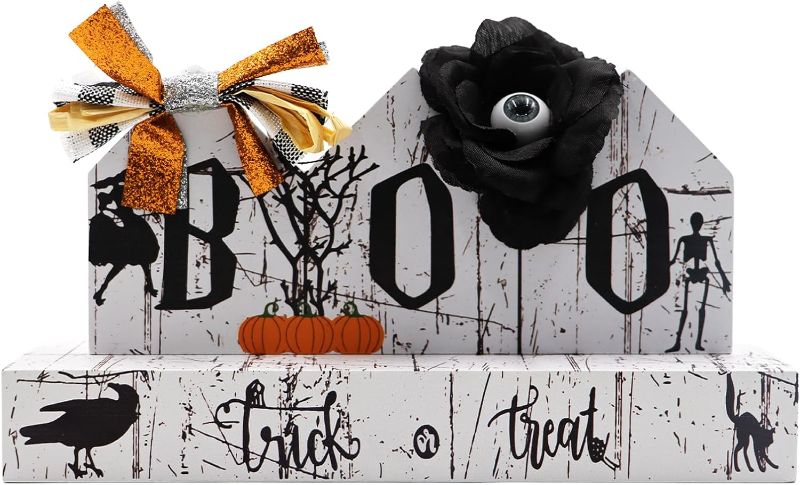 Photo 1 of **2 PIECES* Cokaniy Halloween Decorations, Large Size BOO & Trick or Treat Table Wooden Signs,Tiered Tray Decor,Fall Table Centerpieces Rustic Farmhouse Fireplace Sign for Halloween Fall Party Home Kitchen
