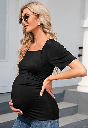 Photo 1 of FUNJULY Maternity Tops Womens Ribbed Square Neck Short Sleeve Casual Side Ruched Tunic Top Blouses Pregnancy T-Shirt for Work SIZE LARGE
