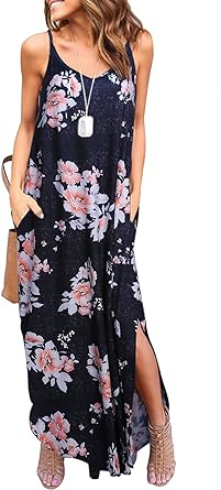 Photo 1 of HUSKARY Women's Summer Casual Sleeveless V Neck Strappy Split Loose Dress Beach Cover Up Long Cami Maxi Dresses with Pocket SIZE XL
