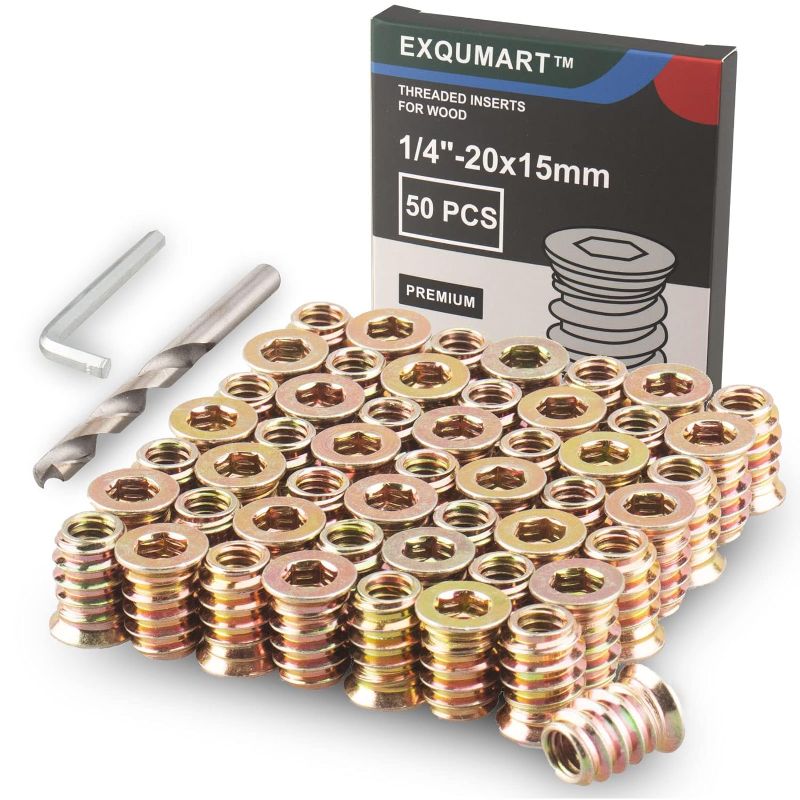 Photo 1 of * 2 SETS* EXQUMART 50 Pcs Premium Threaded Inserts for Wood, 1/4-20 Threaded Inserts with Drill Bit & Hex Key, Upgrade High Hardness Carbon Steel (1/4"-20x15mm)
