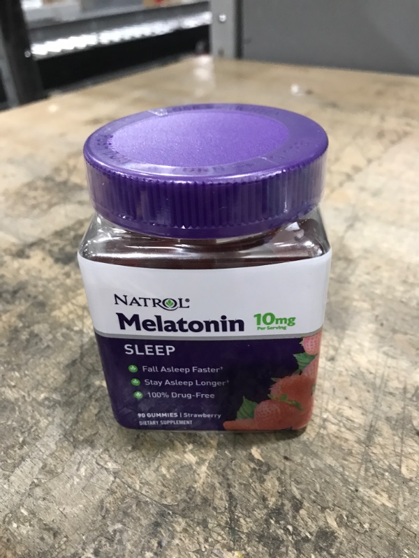 Photo 2 of **EXP DATE 01/2024!! Natrol Melatonin Sleep Aid Gummy, Fall Asleep Faster, Stay Asleep Longer, 2 Gummies Per Serving, Drug Free and Gelatin Free, 10mg, 90 Strawberry Flavored Gummies 10mg 90 Count (Pack of 1)