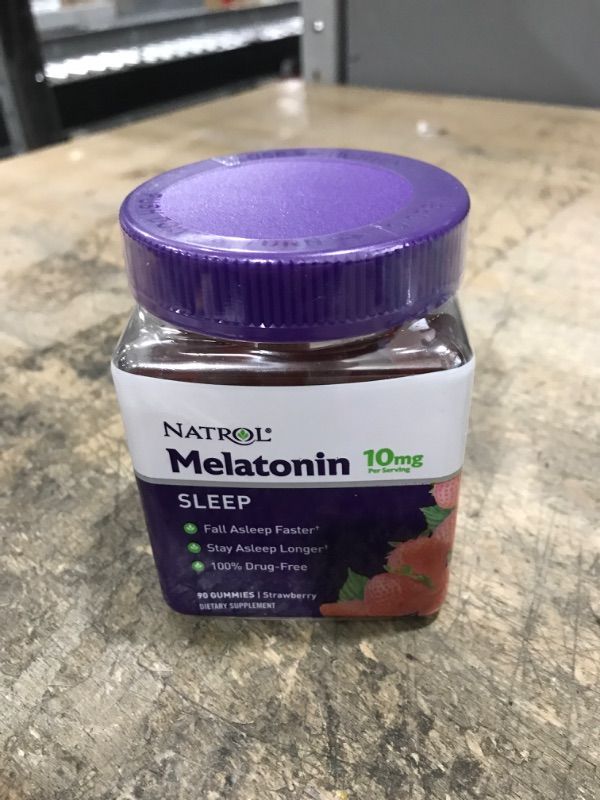 Photo 2 of **EXP DATE 01/2024!!Natrol Melatonin Sleep Aid Gummy, Fall Asleep Faster, Stay Asleep Longer, 2 Gummies Per Serving, Drug Free and Gelatin Free, 10mg, 90 Strawberry Flavored Gummies 10mg 90 Count (Pack of 1)