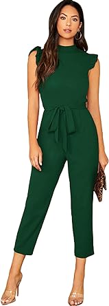 Photo 1 of WDIRARA Women's Sleeveless Mock Neck Ruffle Trim Belted Cropped Jumpsuit Romper size medium
