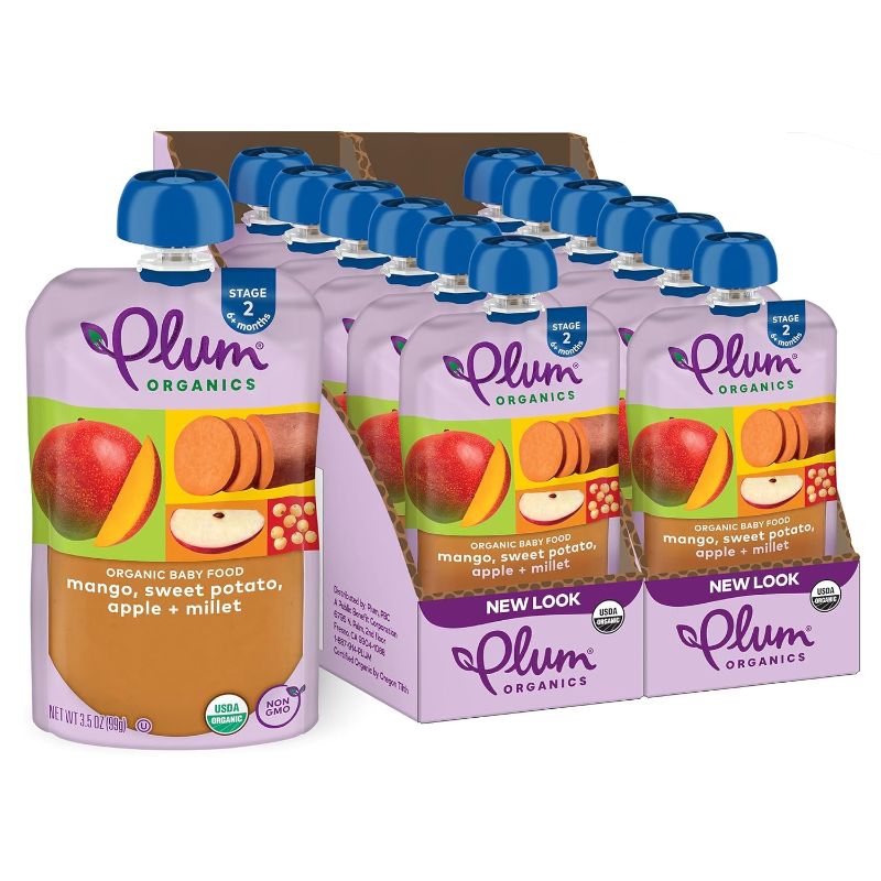 Photo 1 of **EXP DATE 12/13/2023!!! Plum Organics Stage 2 Organic Baby Food - Mango, Sweet Potato, Apple, and Millet - 3.5 oz Pouch (Pack of 12) - Organic Fruit and Vegetable Baby Food Pouch
