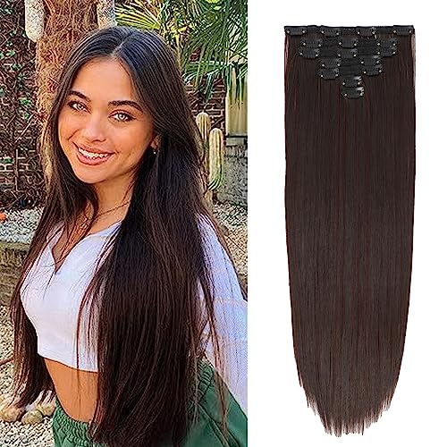 Photo 1 of Pelidon Clip in Hair Extensions for Black Women, 24 Inch 7Pcs/Set Straight Synthetic Hairpieces Double Weft Hair Extension Medium Reddish Brown Mix Da
